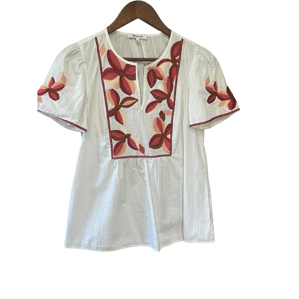 Madewell White Pink Burgundy‎ Floral Embroidered Boho Blouse Top Size XS - Picture 5 of 12